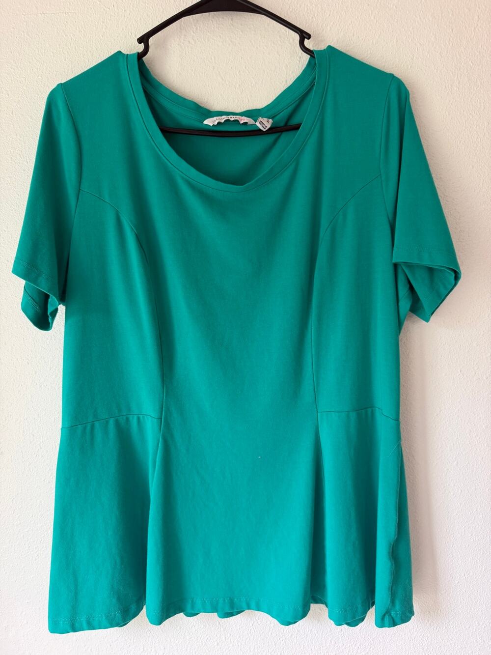 Isaac Mizrahi Teal Aqua Flared Dopamine Dressing Peplum Short Sleeve Top Size XL